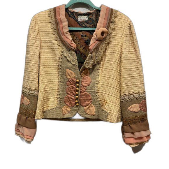 Vintage Blazer Jacket Handmade Upcycled Victorian Patchwork Peach Women sz Small - Picture 1 of 10